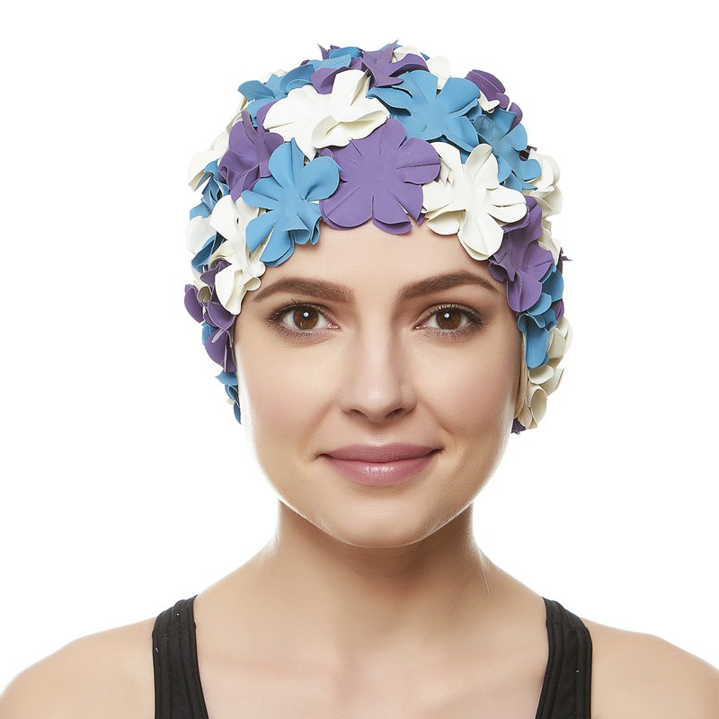 BEEMO Floral Petal Ladies Bathing Swim Cap - Purple/Blue/Whte - Image 2